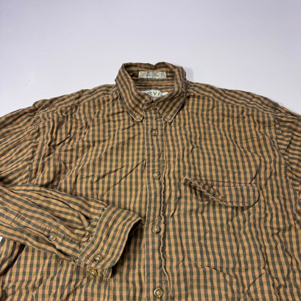 Orvis Mens Medium Cotton Wool Blend Gingham Plaid Button Down Shirt Cabin Hiking